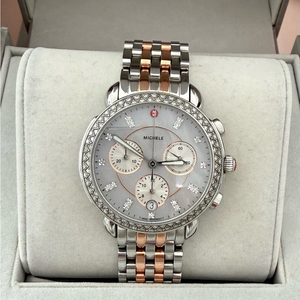 Michele Sidney Chronograph Diamond Watch, 38mm Silver / Cashmere